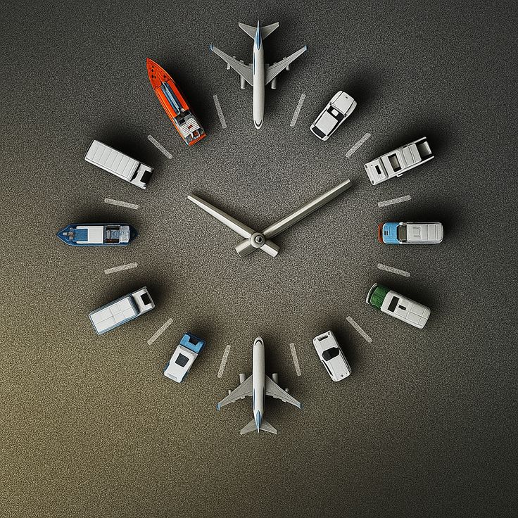 Logistics transport icons arranged like a clock to represent delivery timing