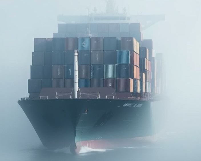 Container vessel emerging through fog with stacked shipping containers on deck